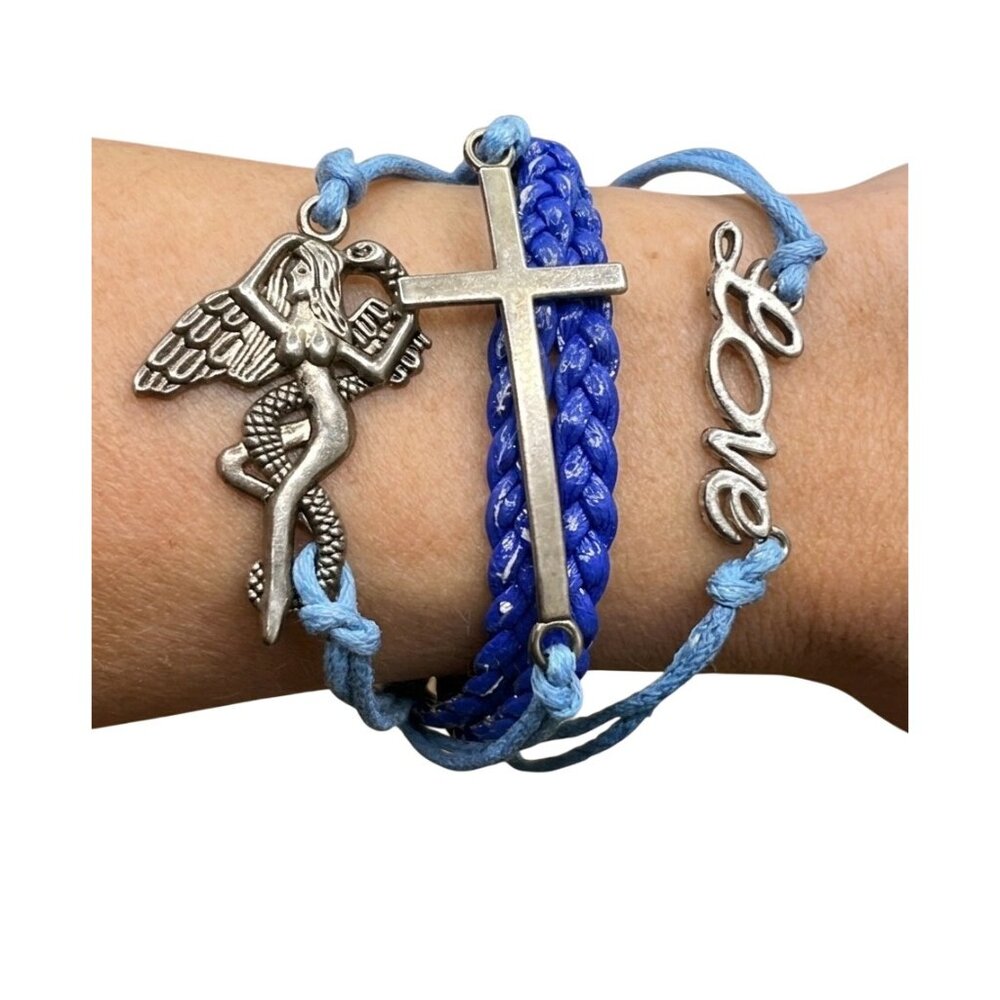 Blue Braided Charm Bracelet Cross Love Winged Serpent Pendants Boho Hippie